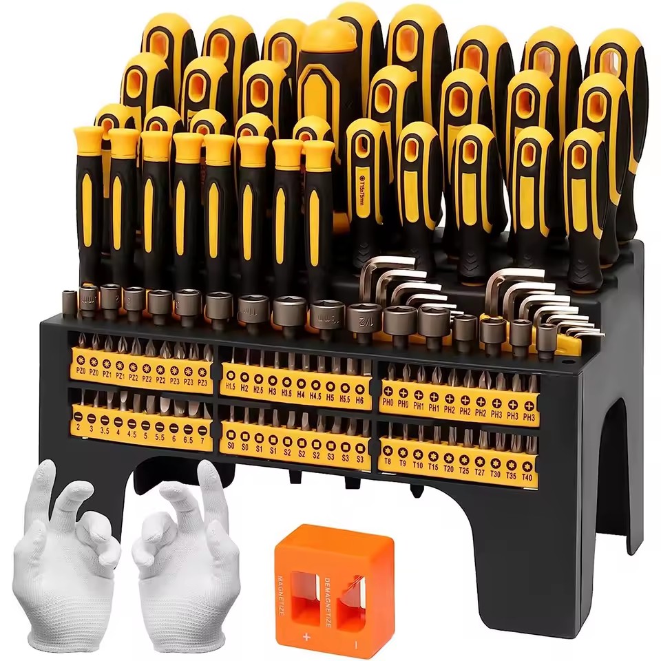 131-Piece Industrial DIY Manual Screwdriver Bit Set with Demagnetizer Chrome Finish Plastic Handle