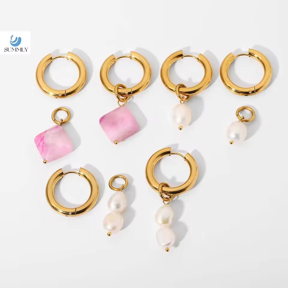 SUMMLY 18K Gold PVD Plated Pearl Hoop Earrings Opal Red Agate CARNELIAN Crystal Huggie Charm for Party Occasions