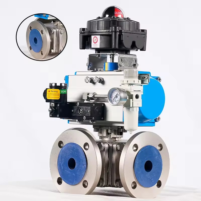 Pneumatic Flanged Three-Way Cut-Off Ball Valve 3/4 6in 8in 10in 12in T-Shaped 316 Stainless Steel High Pressure Chemical