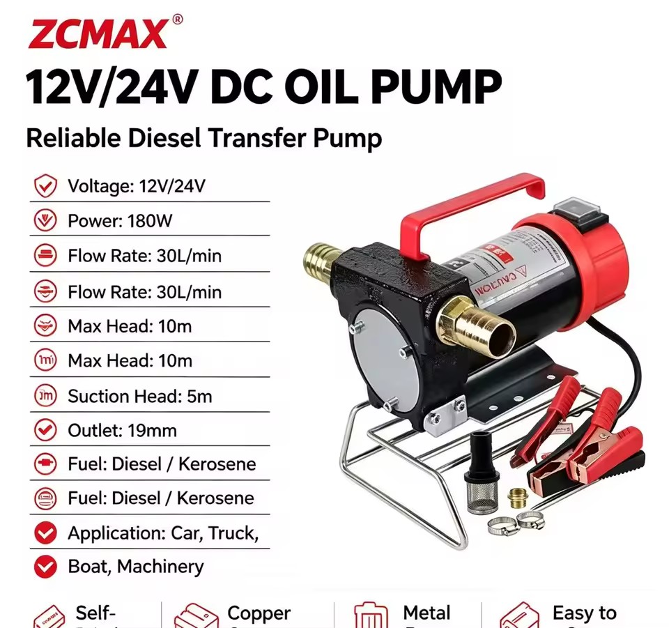 ZCMAX 12V 24V Portable Diesel Fuel Transfer Pump 200W High Flow Self Priming DC Oil Pump for Truck Farm Machinery