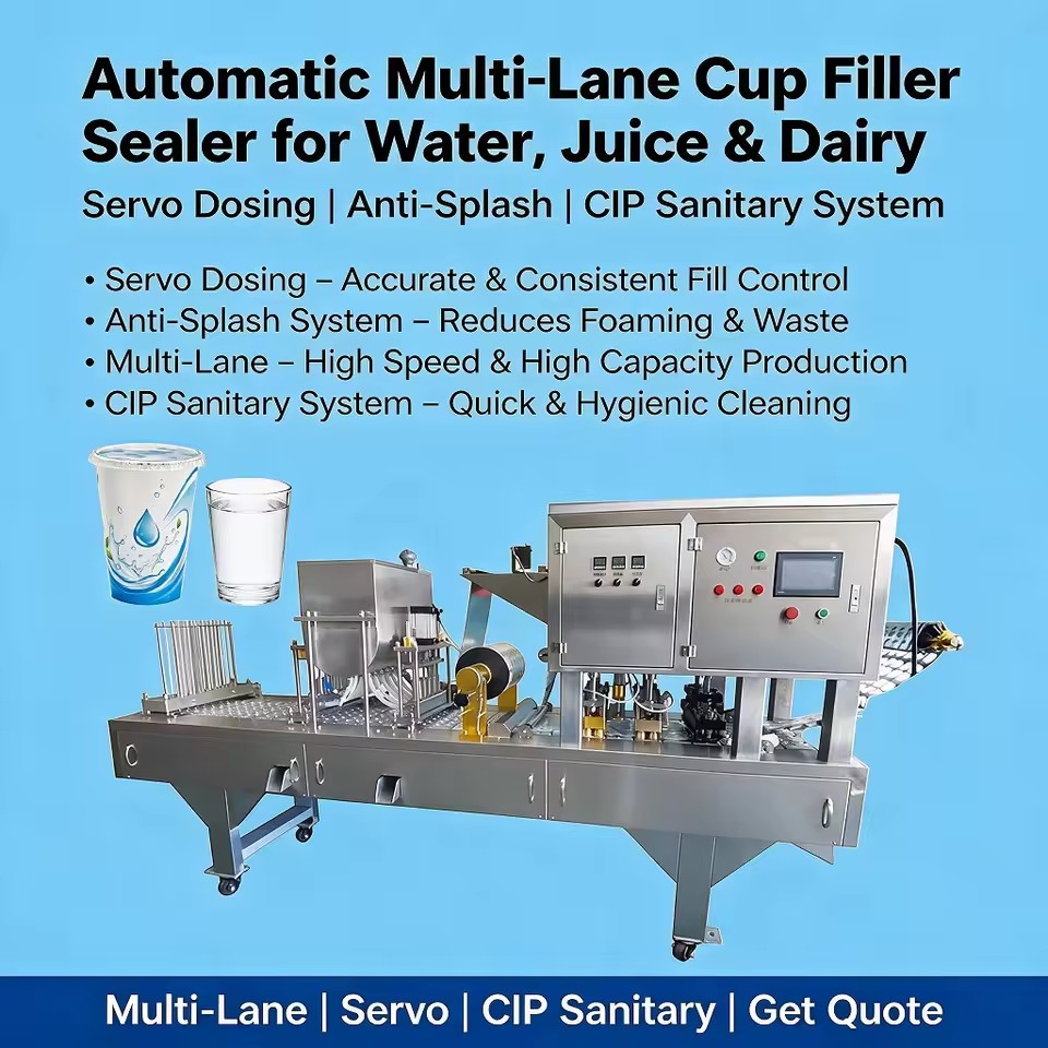 Automatic Multi-Lane Cup Filler Sealer for Water Juice and Dairy Products With Servo Dosing Anti-Splash CIP Sanitary System