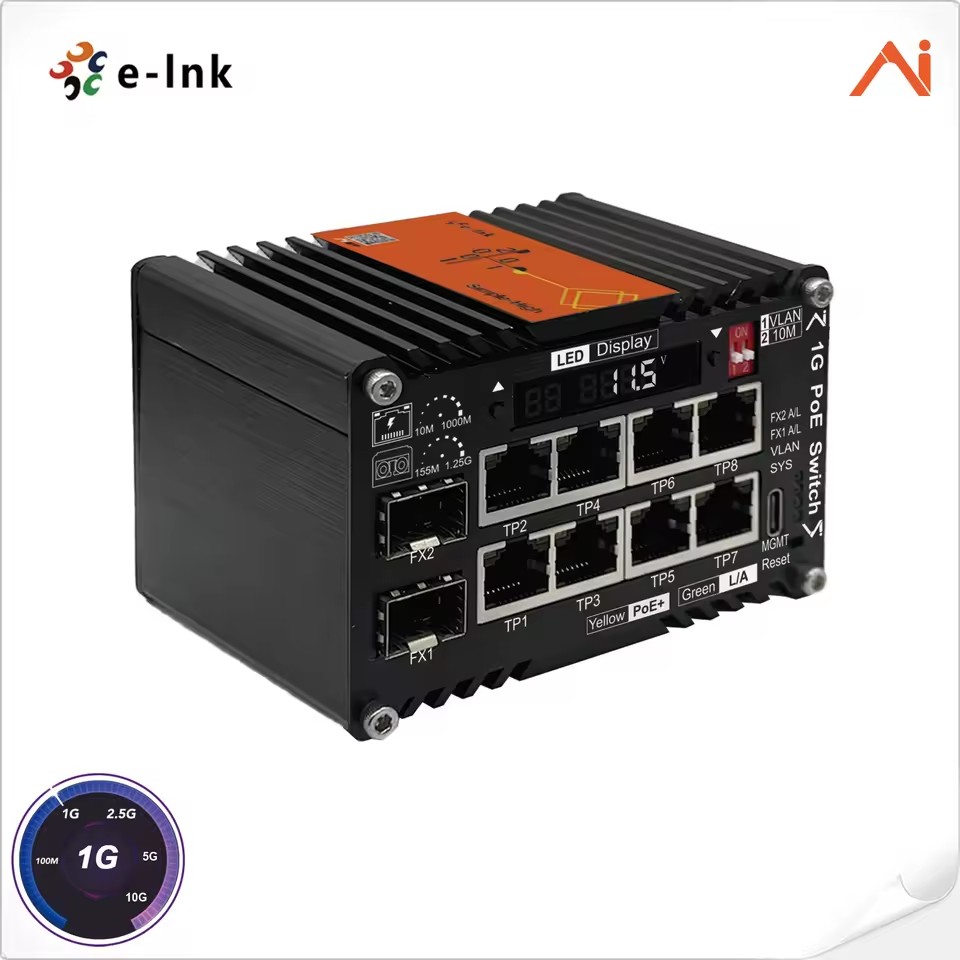9-54V Wide Input PoE+ Industrial Switch 8x30W Ports 2x2.5G SFP Voltage Booster LED Display for Solar System with APP Control