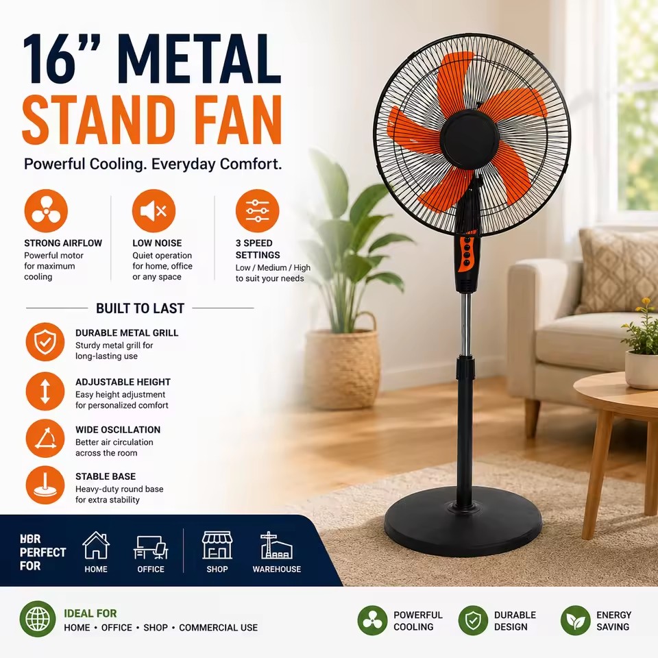 Elegant Home 16-Inch Vertical Fan Strong Wind Fashionable Design Metal Construction Electric Battery Operated Adjustable Height