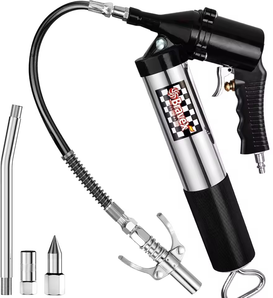 Bravex Steel Pneumatic Manual Grease Gun Quick Release Coupler Continuous Cycle Heavy Duty 6000 PSI Flex Hose 18-inch 3-way Fill