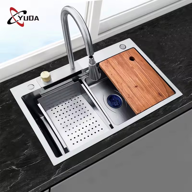 Nano Step Smart Single Bowl Kitchen Sink Automatic Control Waterfall Faucet with Cup Washer