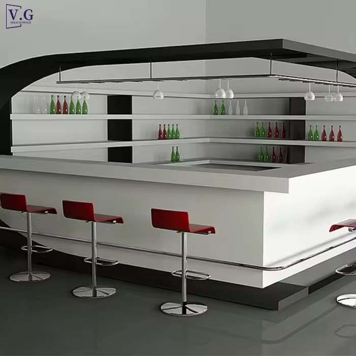 Customized Modern L-shaped Bar Counter with Solid Surface Stone for Home Bar Basement Mall & Living Room Use Includes Wine Shelf