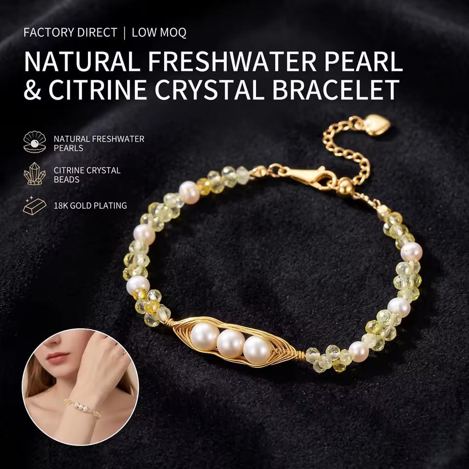 Freshwater Pearl Charm Bracelet 14K Gold Plated Natural Crystal Bohemian Elegant Adjustable for Summer Resort Wholesale Custom