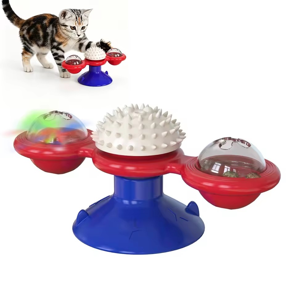 Wholesale TPR Rotating Windmill Cat Toy Detachable Transparent Ball Glow Feature Clean Teeth Interactive Play for Indoor Cat