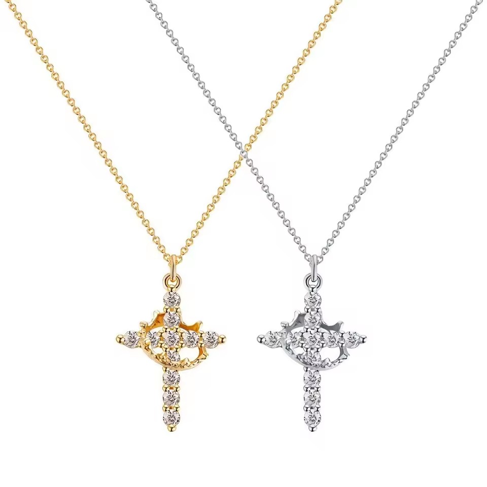 18K Gold Plated Zircon Cross Pendant Necklace with Link Chain Trendy Stainless Steel for Unisex