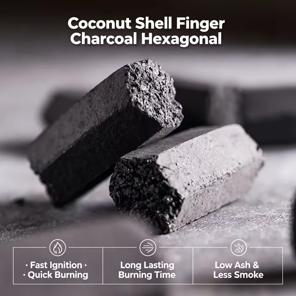 Premium Hexagonal Finger Shisha Charcoal Briquette Natural Coconut Shell Smokeless Low Ash Hookah Charcoal for Nargile