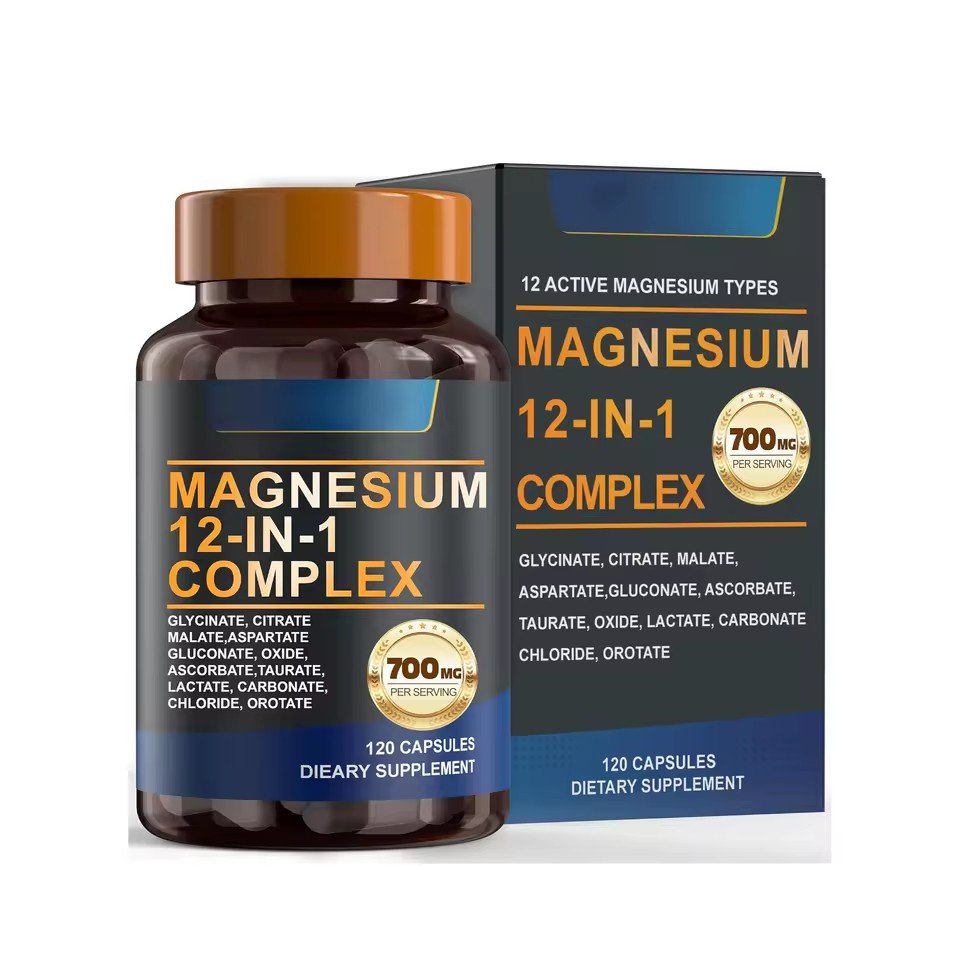 OEM 12-in-1 Magnesium Complex Capsules with Glycinate, Citrate and Malate for Nighttime Calm and Energy Support