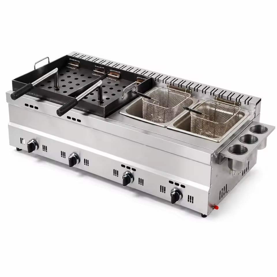 Custom Heavy Duty Gas Stainless Steel Double Press Chicken Frame Griddle 2 Pots Noise Reduction Commercial Equipment