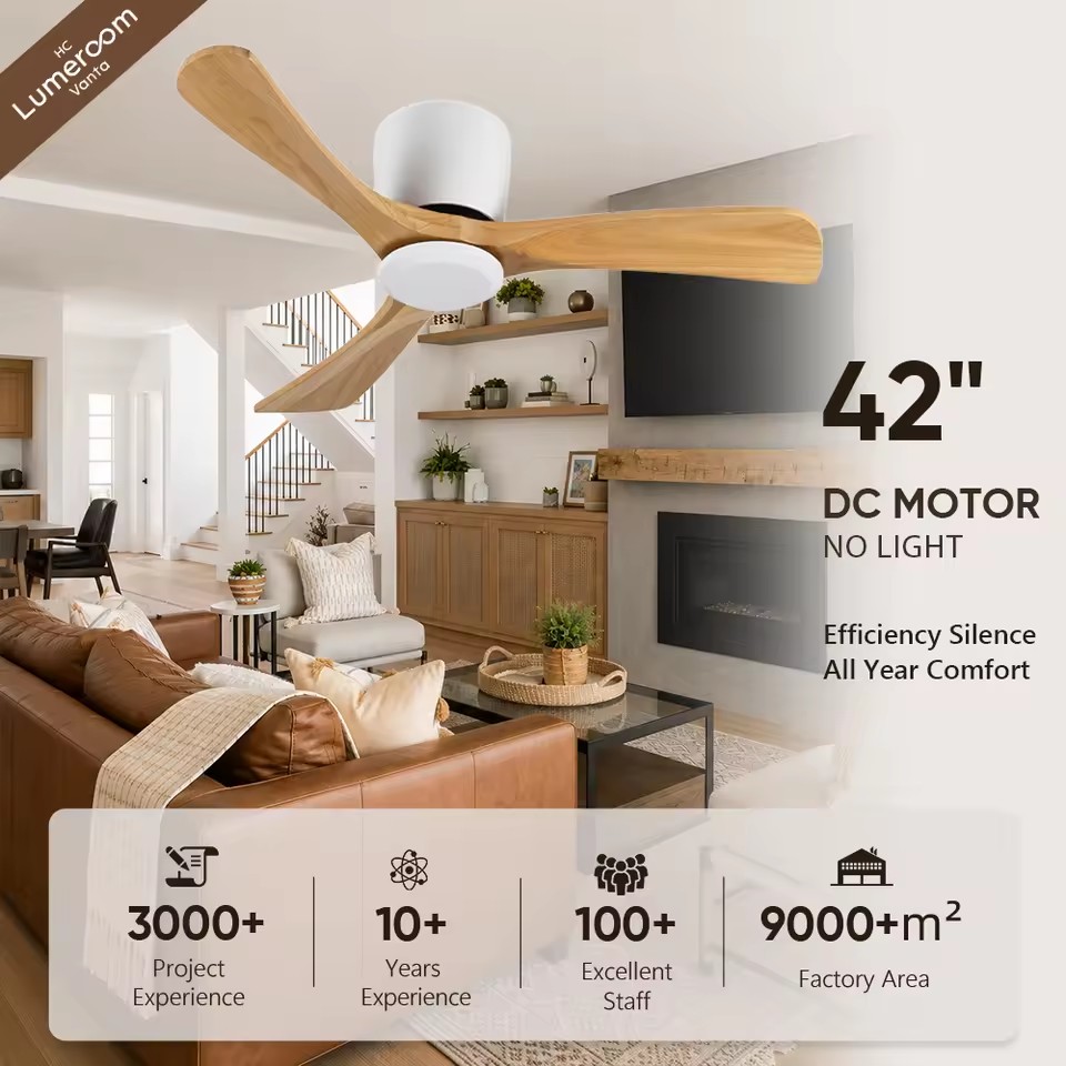 42 Inch Modern Wood Ceiling Fan No Light with Remote Control, Quiet DC Motor Indoor Ceiling Fan for Living Room Bedroom