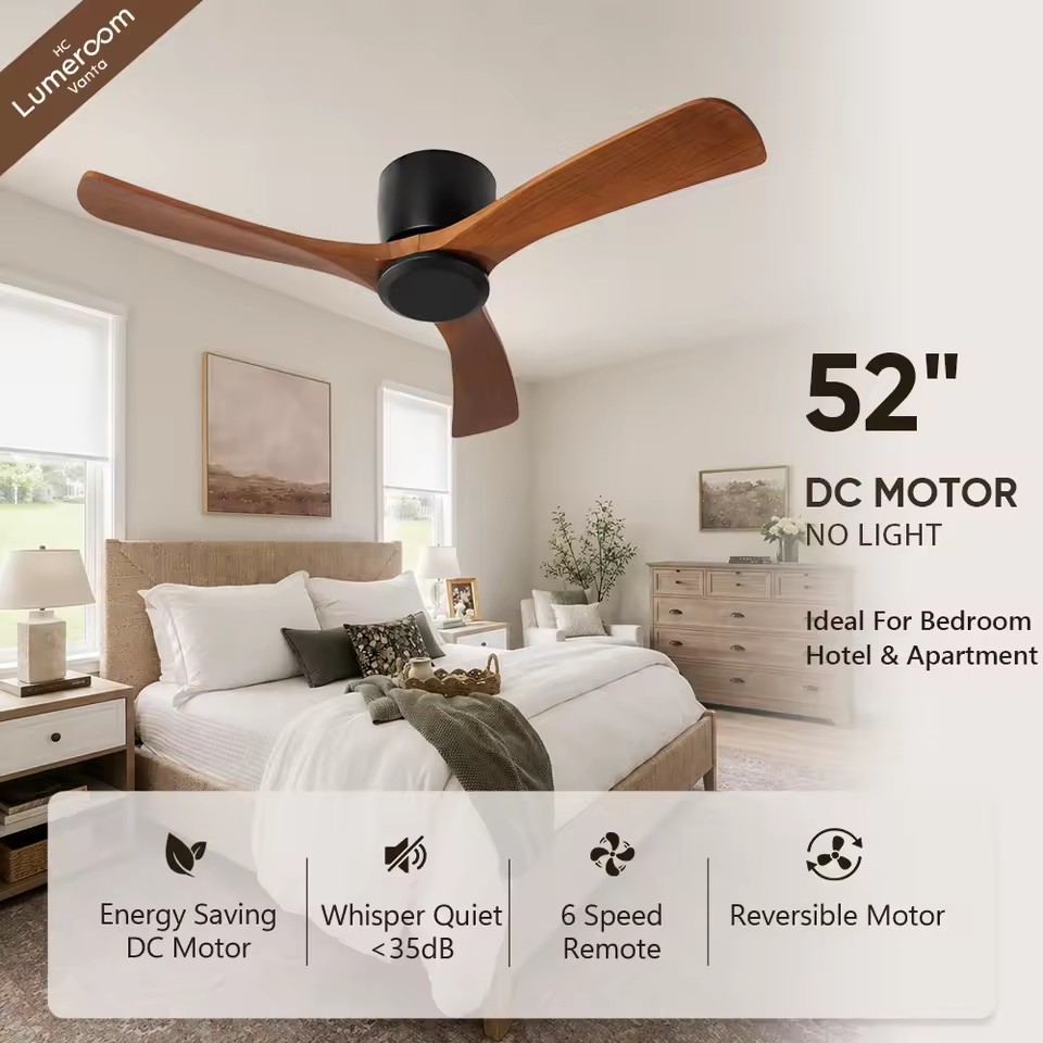 52 Inch Bedroom Ceiling Fan No Light,Wood Ceiling Fan with Remote Control,Modern Flush Mount Ceiling Fan with DC Motor