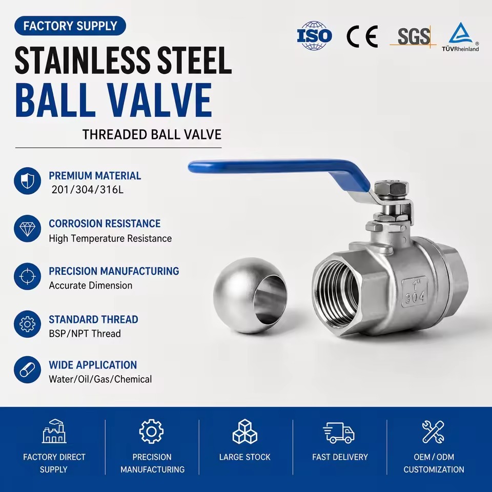 304 316L Stainless Steel Ball Valve 1 Inch Threaded Two Piece Full Port OEM Manual for Water Gas Oil