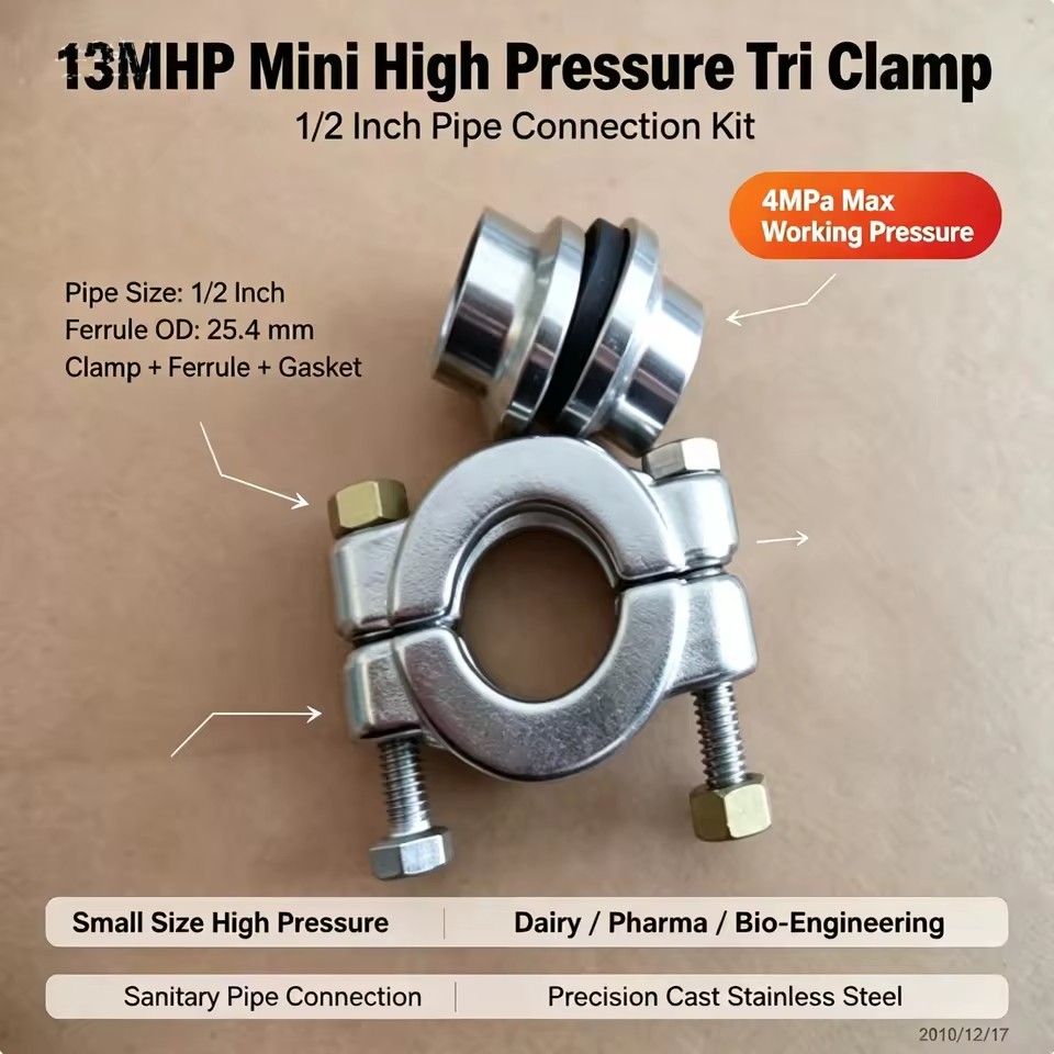 13MHP Sanitary Stainless Steel High Pressure Bolted Clamp Heavy Duty SS304 Tri Clover Clamp 3A/DIN Pipe Clamp with Brass Nut