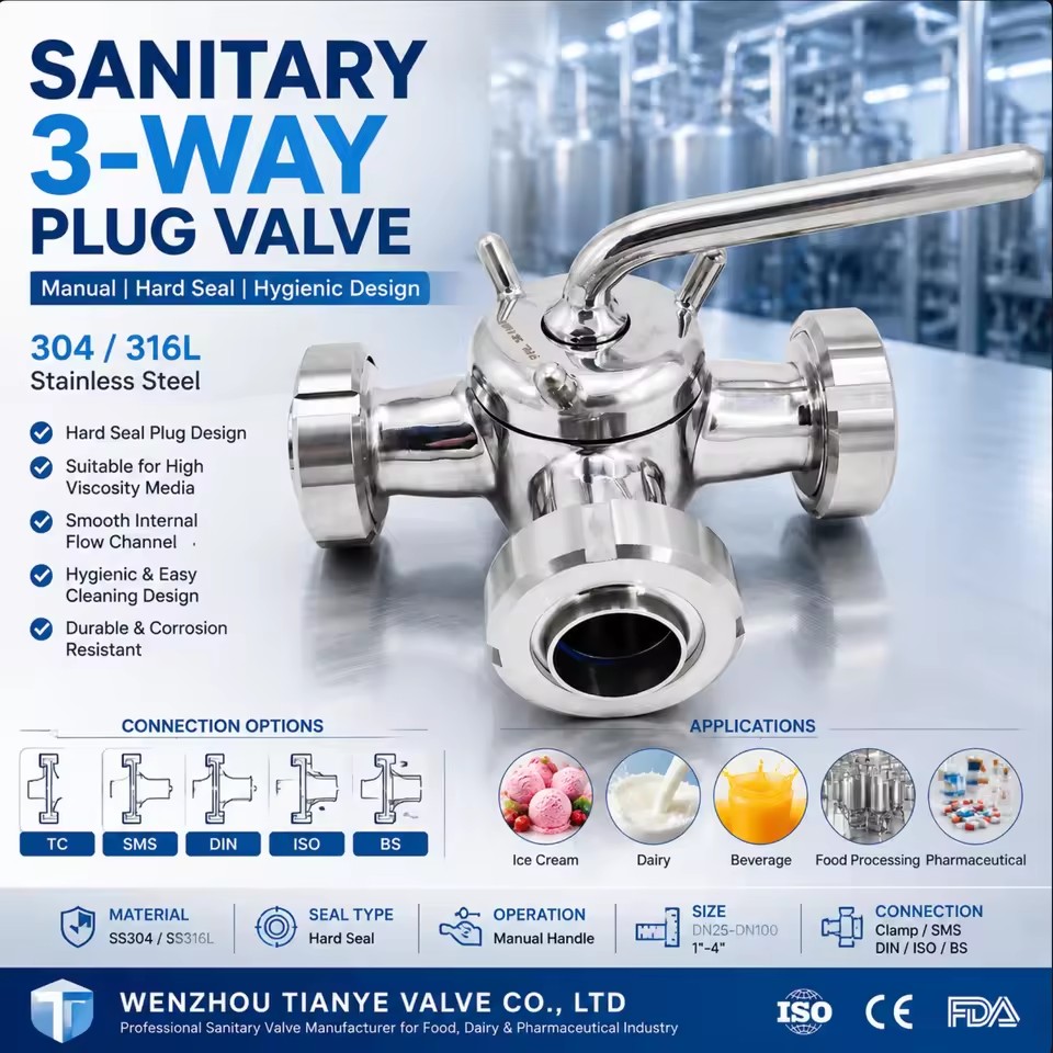 Dairy Stainless Steel Plug Valve Hygienic Plug Valves 2-Way 3-Way 304 316L DIN SMS ISO BS Accepts Customization