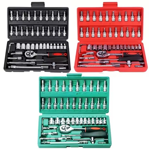 46pcs Carbon Steel Hand Operated Ratchet Wrench Socket Set Durable Multi-Functional Automotive Repair Tool Kit Hard Case OEM