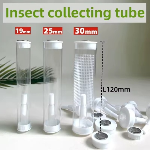 PC Insect Collection Tube with Breathable Mesh Water-Absorbing Cotton 18-29mm Sizes 120mm Length Lids Included
