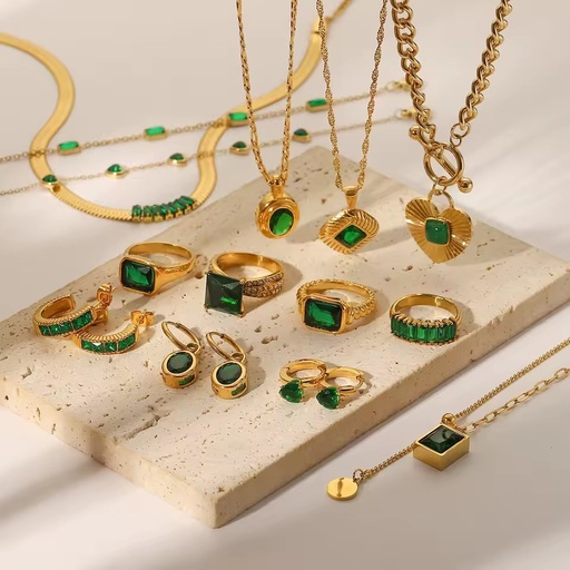 Fashion Jewelry Set 18K Gold Plated Retro Style Green Zircon Series Stainless Steel Necklace for Women
