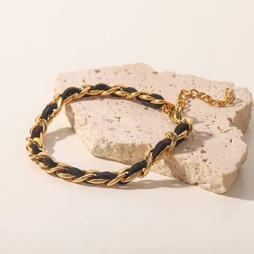 Factory Sale 18K Gold Plated Stainless Steel Cuban Chain Leather Twine Bracelet