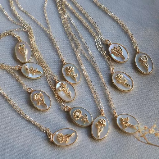 Vintage Twelve-month Flower Birthstone Necklace Three-dimensional Flower Oval Pendant Flower Pendant Collarbone Chain