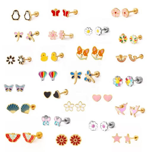 New Arrival Hypoallergenic Gold Plated Cartoon Rainbow Flower Butterfly Earring Stainless Steel Custom Enamel Kids Stud Earrings