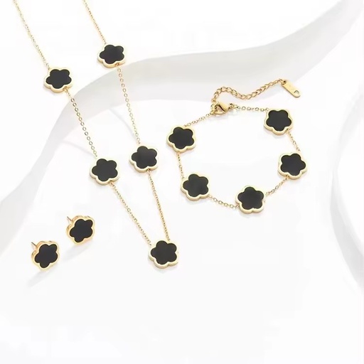 18K Gold Stainless Steel Women's Jewelry Set New Design Black Four Leaf Clover Flower Necklace Earrings Bracelet Wedding Parties