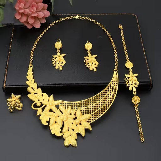 Wholesale Dubai Necklaces for Women Set Luxury 24K Gold Plated Necklace Bracelet Earrings Ring Fashion Wedding Jewelry