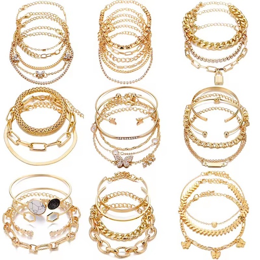 IFKM 6-Piece Bohemian 14K Gold Plated Alloy Multi-Layer Stackable Adjustable Cuban Link Chain Bracelets Women's Italian Gift