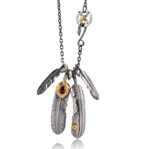 Marvelcolour S950 Sterling Silver Eagle Feather Pendant Red Turquoise Old Work Necklace and S925 Chain for Men Women Fashion