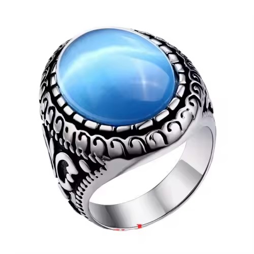 Man Turkish Big Turquoise Stone Jewelry Stainless Steel Ring
