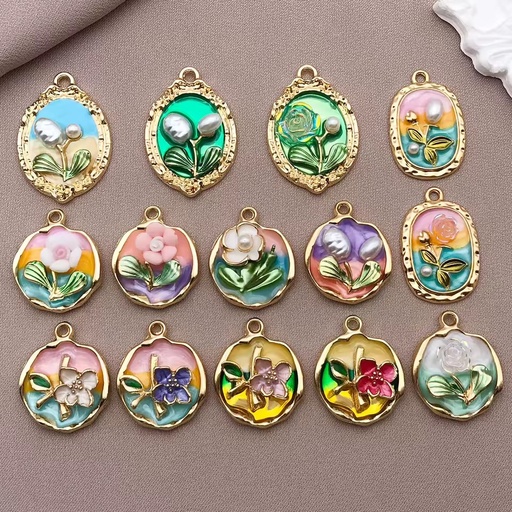 Wholesale French Style Fashion Color Oil Painting Flower Pendant Charm for Women's Jewelry Making