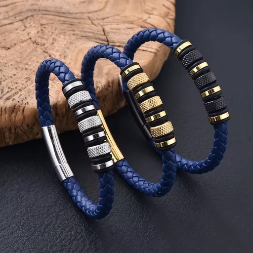 Whoelsae Price Fashion Gifts Braided Design Classic Stainless Steel Bule Men's Leather Bracelet for 19 21 Cm
