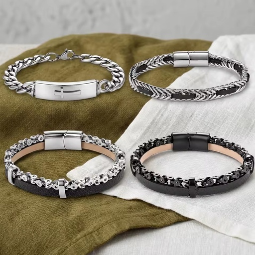 Trendy Fashion Jewelry Black Leather Cuban Chain Cross Men Women Bracelet Leather Bracelet Christian Christmas Gift Fashion