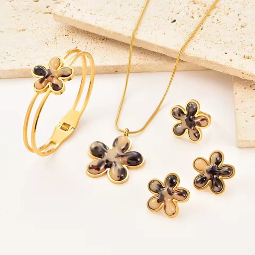 Stainless Steel Set Fashionable Vintage Leopard Five Leaf Necklace Bracelet Earrings Ring Set