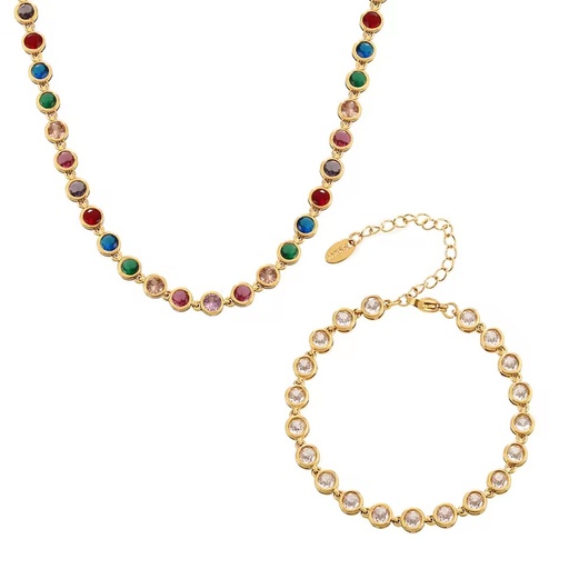 Stainless Steel 3A Zircon Rainbow Bracelet PVD Vacuum Plated Color-Resistant Necklace Jewelry Set