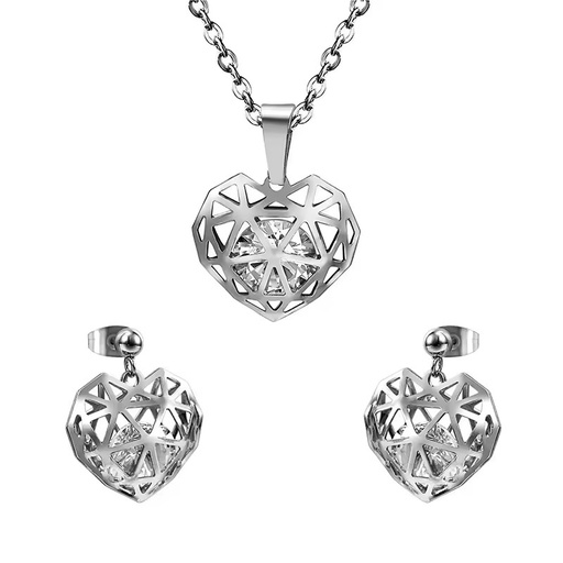 Luxury Hollow Heart Zircon Stainless Steel Earrings Necklace Set Trendy European American Jewelry Set for Women