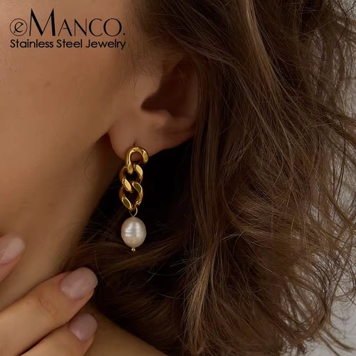 Emanco Vintage Minimalist Cuban Chain Pearl Pendant Earrings 18k Gold-plated Freshwater Pearl Studs