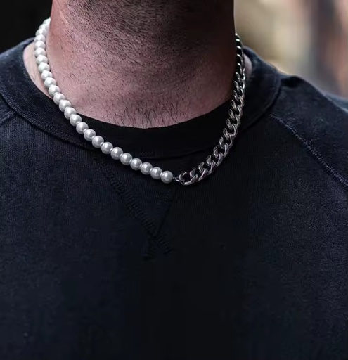 Polishing Cuban Stainless Steel Link Chain Men Pearl Necklace-Wedding Anniversary Party Gift Silver 8mm Width
