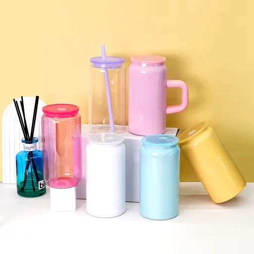 Can Shaped 16oz Glass Tumbler Drinking Glasses Cups With Colorful Lids and Straw