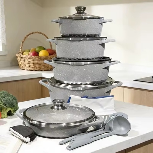 17pcs Modern Nonstick Cookware Set with Glass Lid Durable Cast Aluminum Pots & Pans