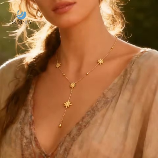 SUMMLY Trendy Eight Pointed Star Inlaid Zircon Y-Shaped Bamboo Chain 18K Gold Plated Stainless Steel Necklace Fashion Jewelry