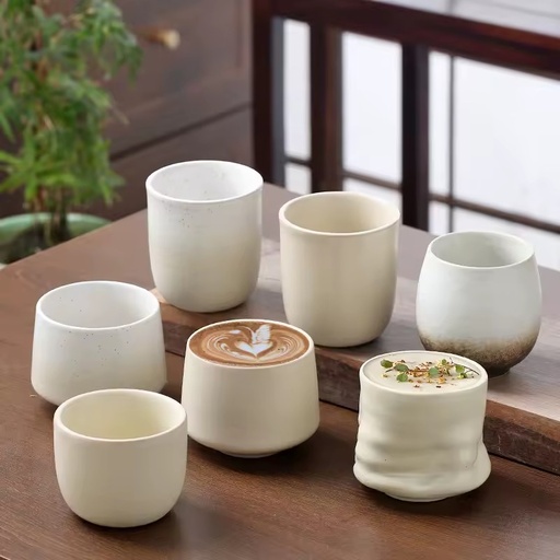 Customized Minimalist Ceramic Water Cup Coarse Clay Espresso Cup Handcrafted Light Beige Small Tea Cup QWE ZA204 White Box