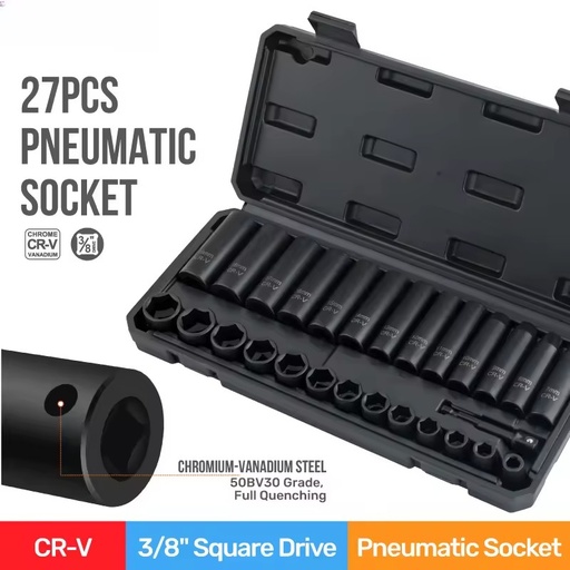 Professional 27-Piece 3/8" Hex Impact Socket Set CR-V Steel OEM Industrial Grade Mechanical Tool Box Deep/Shallow Lengths
