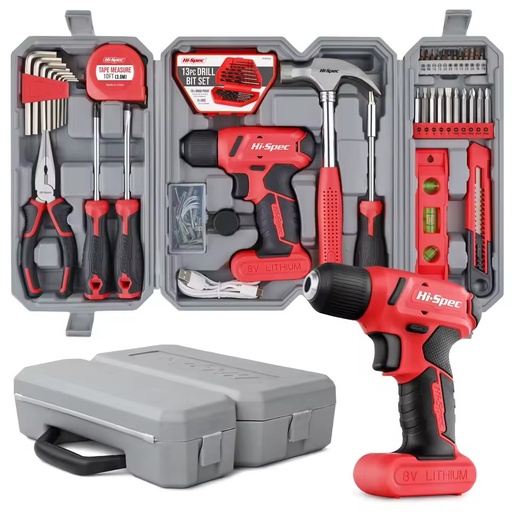 Hi-Spec 57pc 8V Red USB Cordless Electric Screwdriver Drill Set with Hard Case Chrome Vanadium Steel Multi-Purpose OEM/ODM Ready