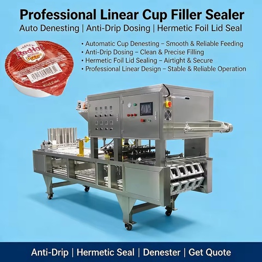 Professional Linear Cup Filling Sealing Machine With Automatic Denesting Anti-Drip Dosing and Hermetic Foil Lid Sealing