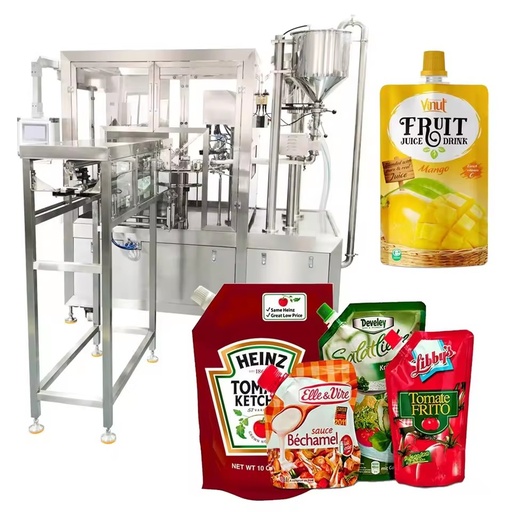 CE 4-head Automatic 30-2000ml Spout Pouch Rotary Liquid Jelly Honey Juice Energy Drink Tomato Sauce Filling and Capping Machine