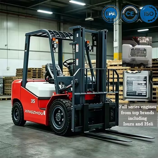 New XINGZHOU CPCD35 3.5 Ton Diesel Forklift Truck Indoor Use 4WD Hydraulic Side Shifter Three Stage Mast Solid Tires Warehouse