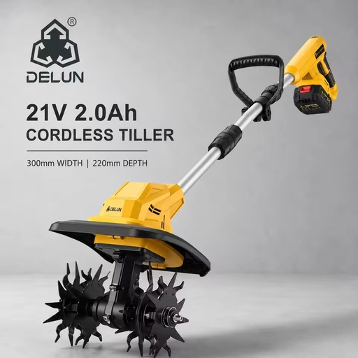 DELUN 21V Cordless Electric Tiller Cultivator 2.0Ah Battery 300mm Width 220mm Tilling Depth for Garden Bed Soil Loosening